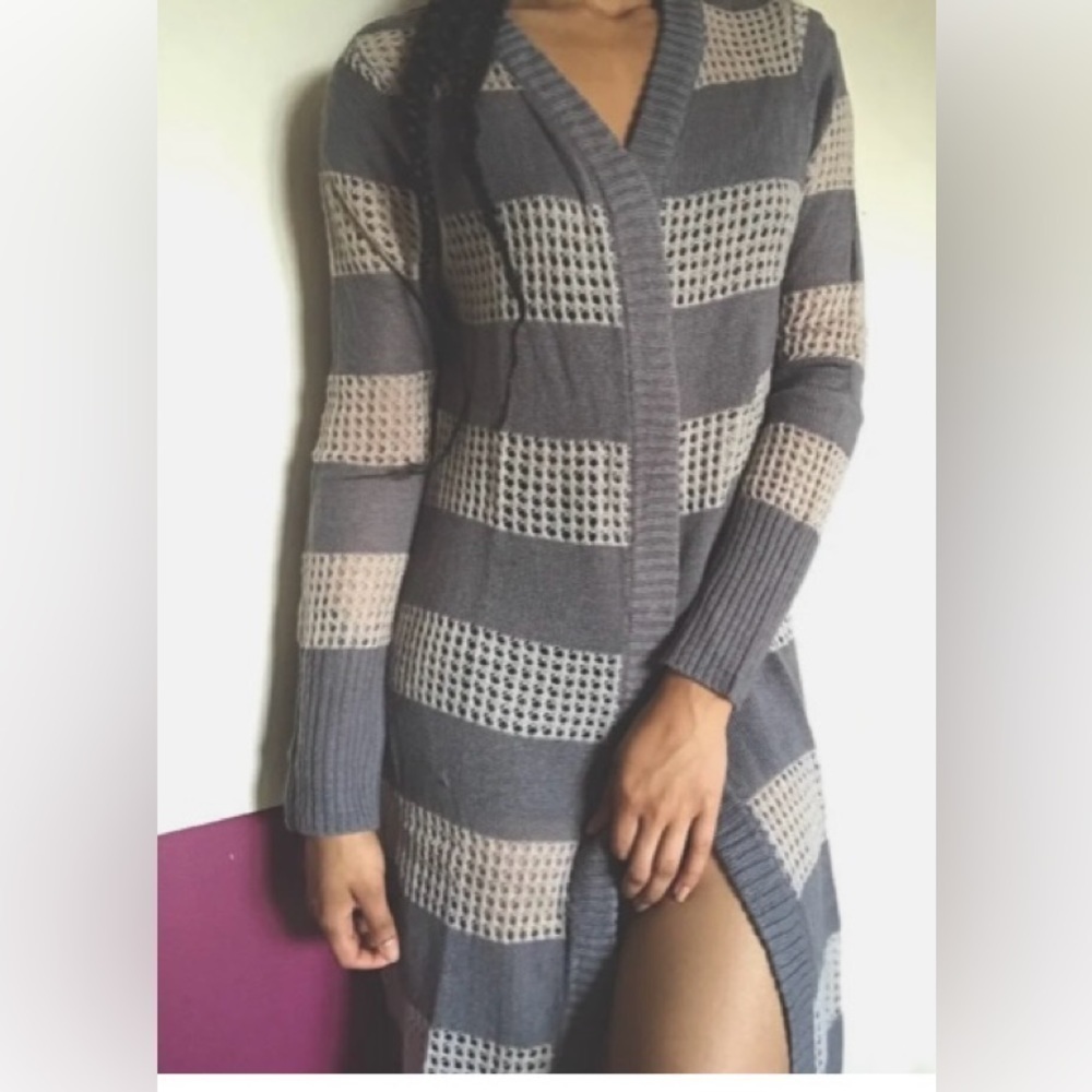 MUDD Grey Striped Over Coat Cardigan Long KNEE duster Sweater medium